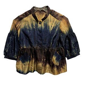 Y2K Artsy Tie-Dye Babydoll Top Balloon Sleeve Mandarin Collar Vtg Retro Sz M